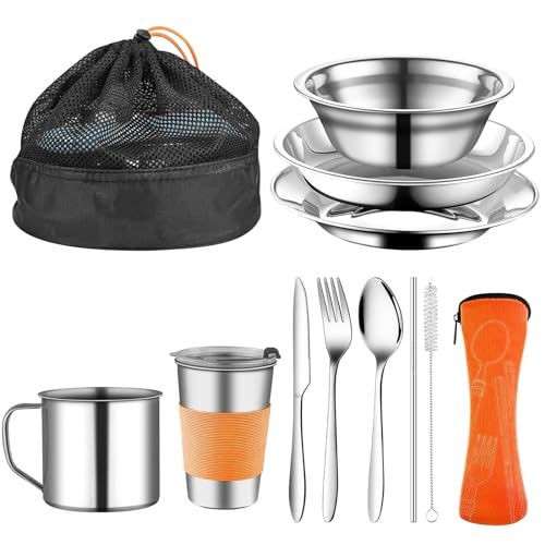 Hengrongshen Picnic Set, 10 Piezas Cubiertos Camping Lleva Platos, Kazones, Tazas,...