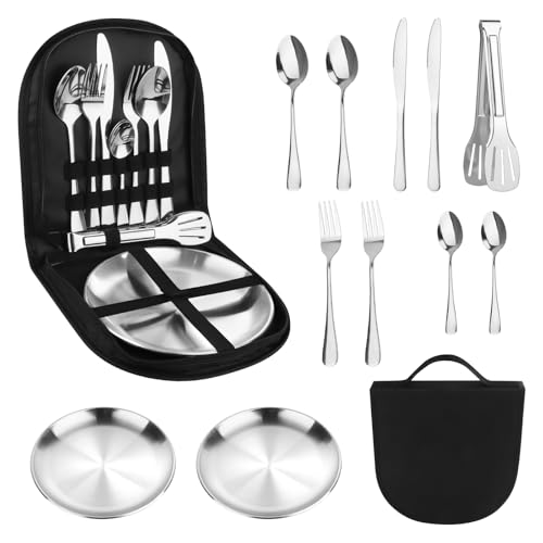Juego de Cubiertos de Camping para 2 Personas - 12 Piezas de Acero Inoxidable (Cuchara,...