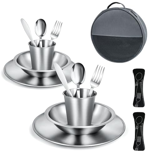 Cubiertos Camping para 2 Personas – Vajilla de acero inoxidable. Incluye platos,...