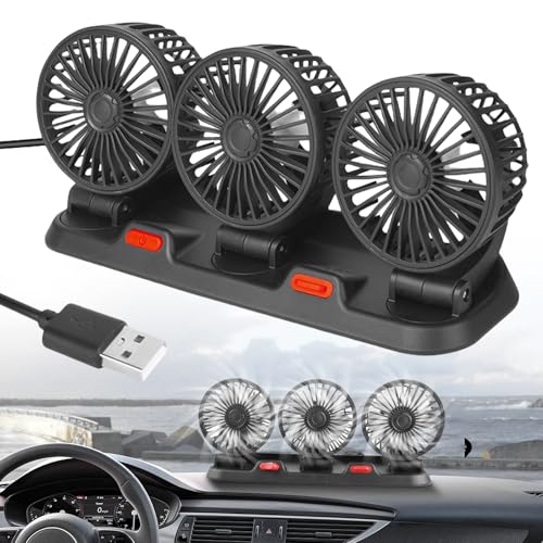 PORFOYO Ventilador de coche de tres cabezas, ventilador USB para coche, silencioso con 2...