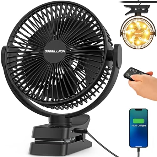 GOBRILLFUN Ventilador de clip de 12000 mAh con control remoto, recargable por USB con...